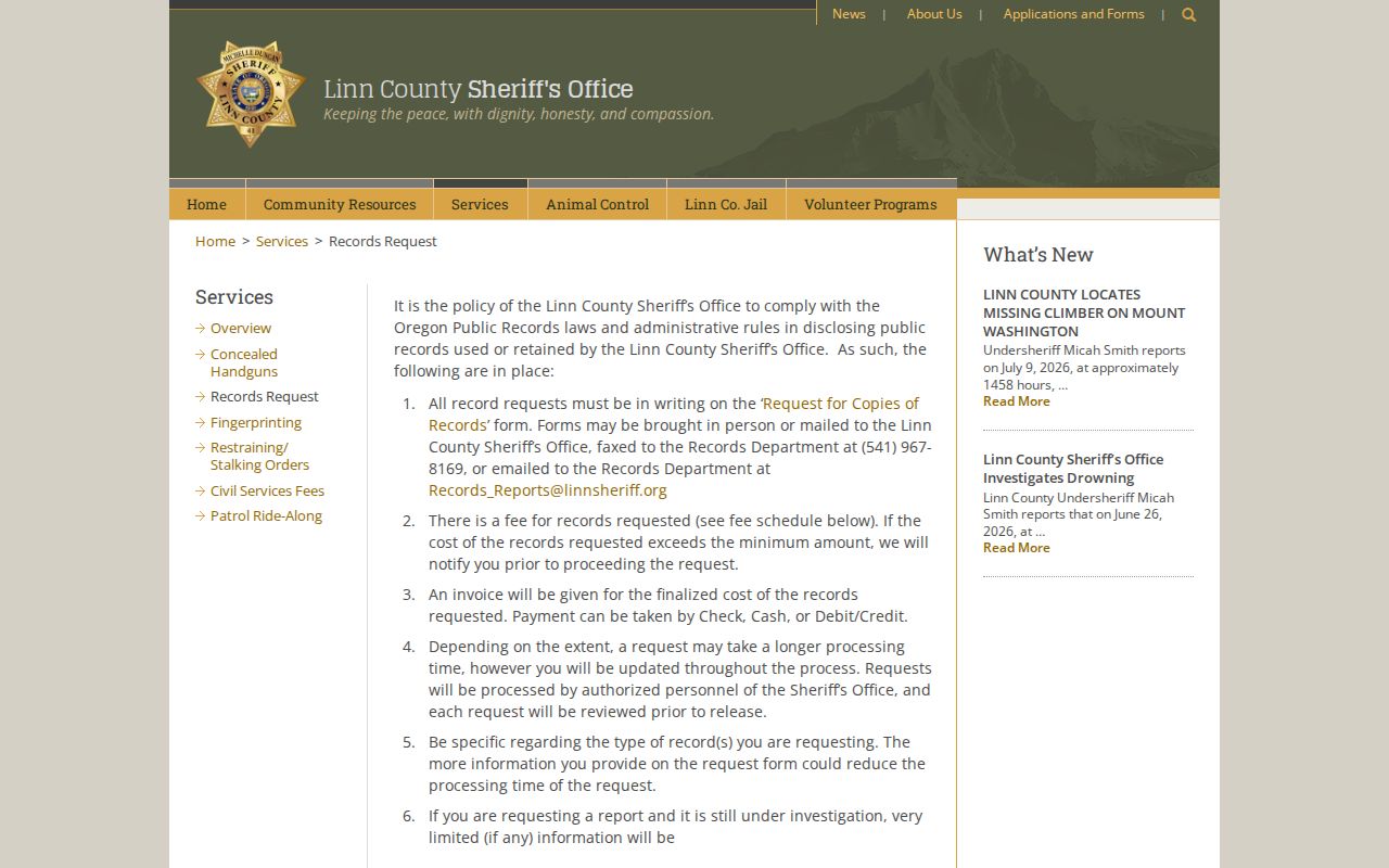 Linn County Sheriff records request instructions and fees