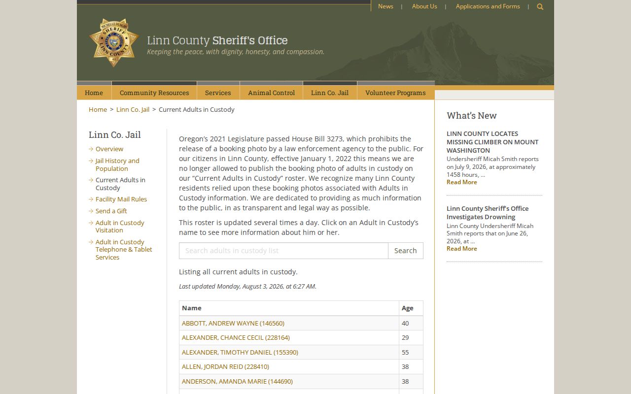 Linn County Adults in Custody search roster