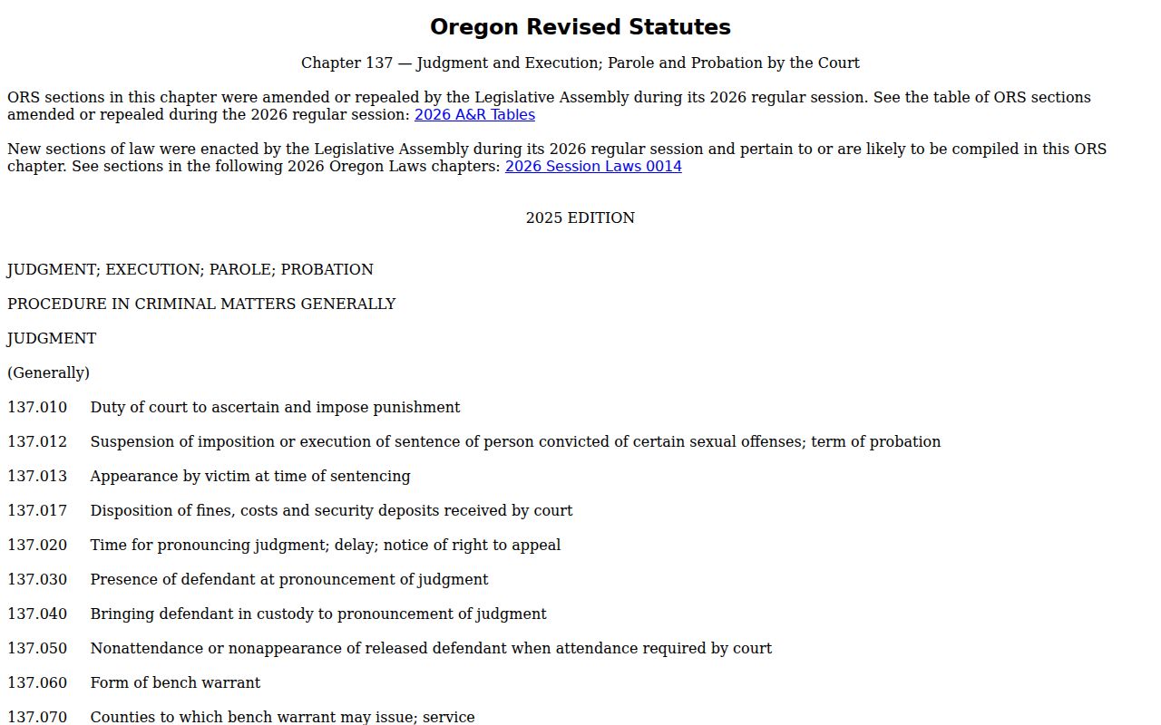 Oregon Legislature ORS 137 set-aside law page