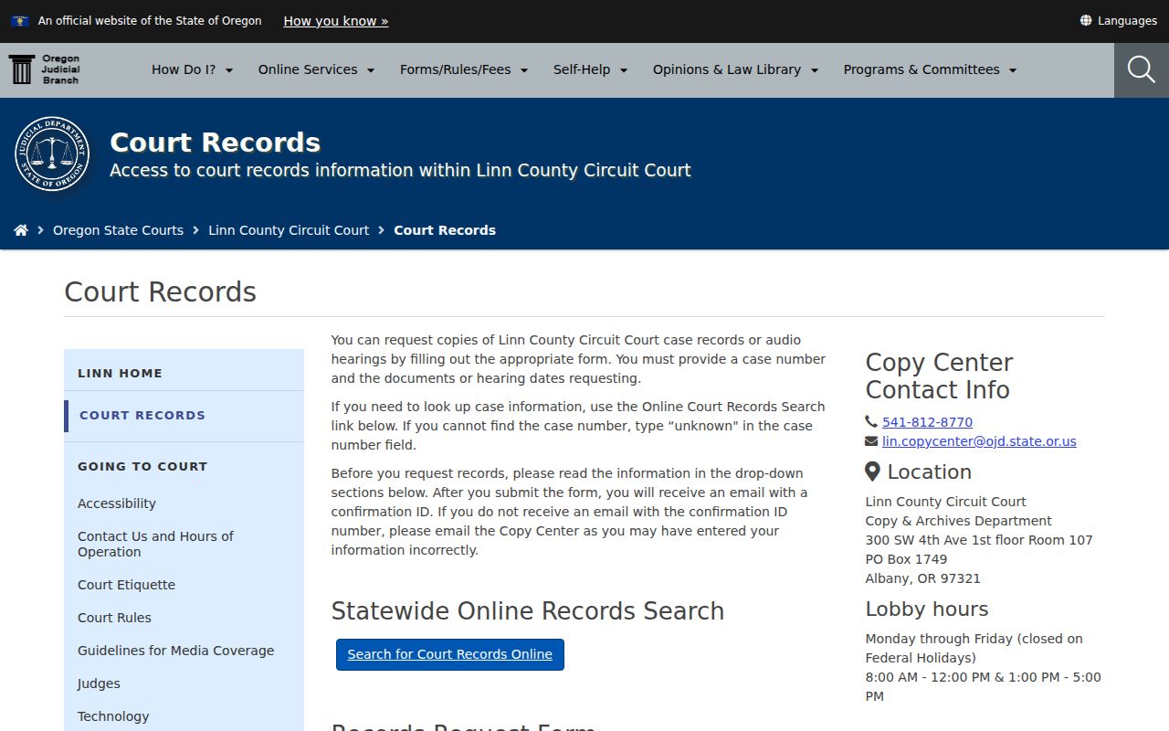 Linn County Circuit Court Copy and Archives records request page