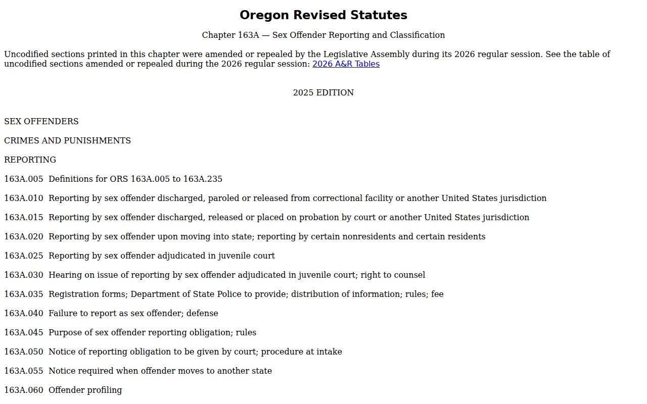 Oregon Legislature sex offender registration and disclosure statutes